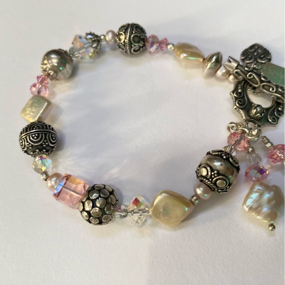 Tres Jolie Pale Pink Crystal Pearl Sterling Silver Bali Beads Toggle Bracelet - Picture 12 of 12